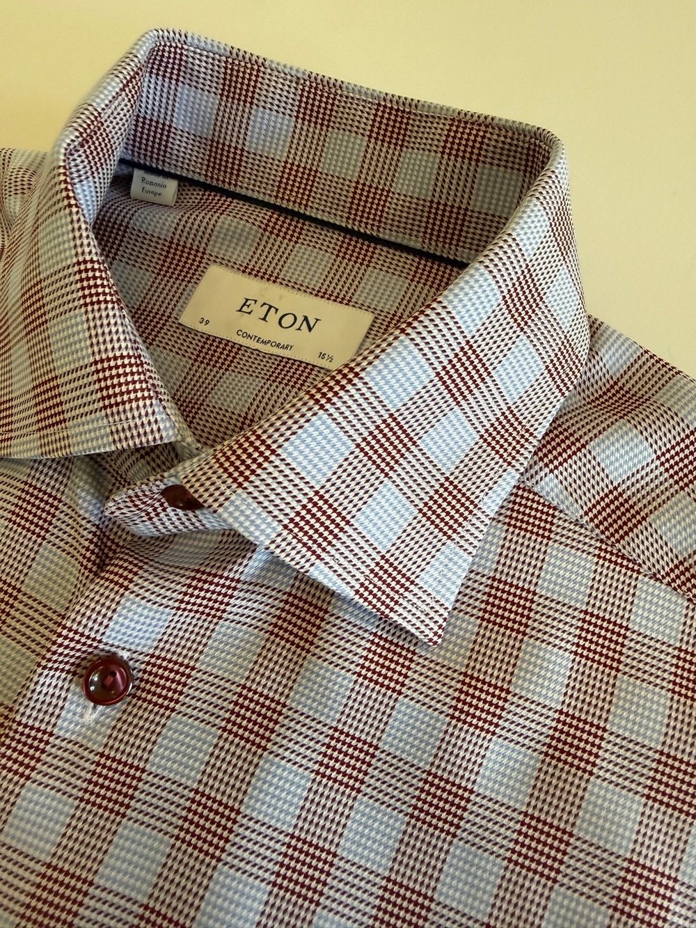 Eton Contemporary Men’s Dress Shirt – Burgundy & Light Blue Check – 15½ / 39